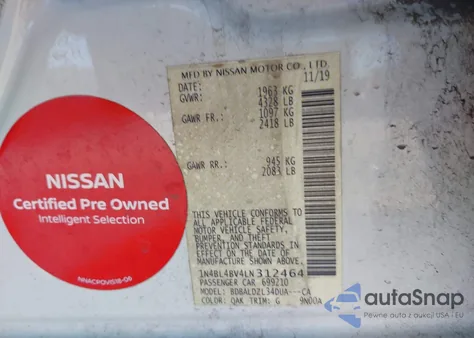 2020 Nissan Altima S Fwd z USA, uszkodzony, nr VIN 1N4BL4BV4LN312464